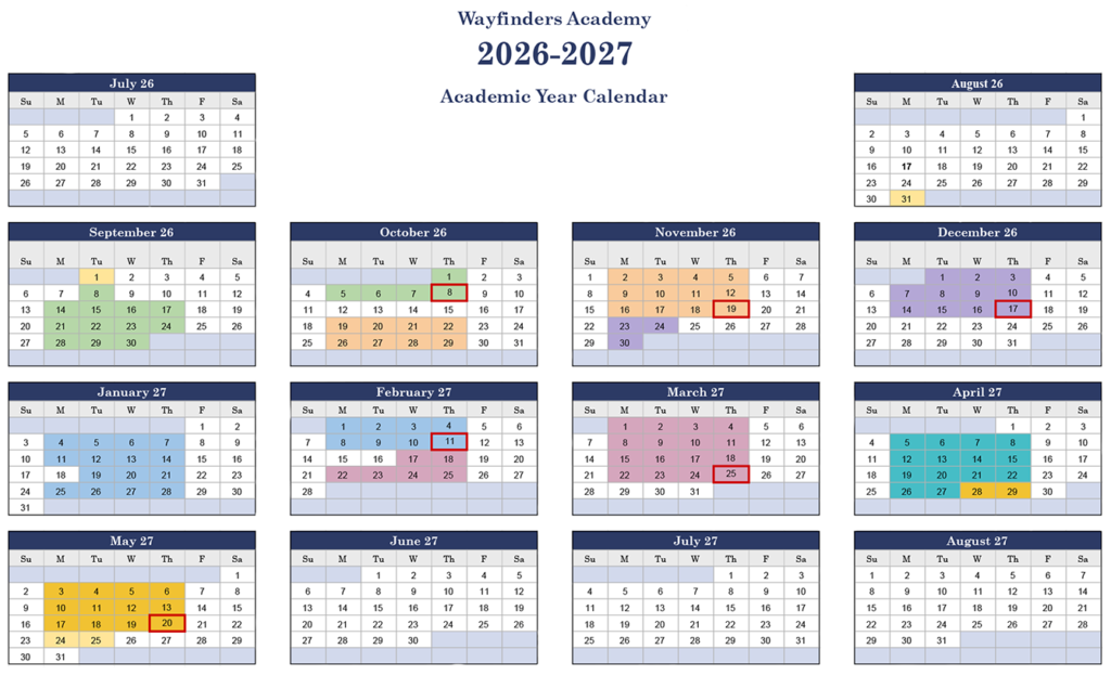 Academic year calendar for Wayfinders Academy 2026-2027 displaying all twelve months with various colored highlights marking important dates and school events.