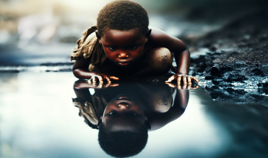 Young child leaning over still water surface creating perfect mirror reflection while touching the water's edge