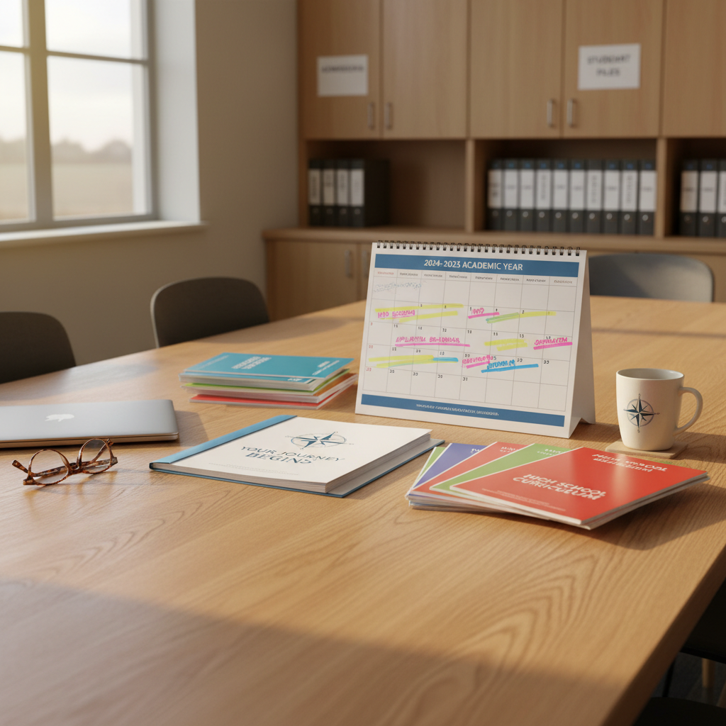An inviting enrollment planning table set up in a quiet school meeting room with no people present, centered on a natural oak surface with an open enrollment packet, printed program guides for different grade bands, and a simple year-at-a-glance calendar marked with colorful highlighter. A closed laptop, a pair of reading glasses, and a ceramic mug with the school’s compass logo reinforce a sense of readiness and care. Soft late-afternoon sunlight enters through a nearby window, creating warm highlights on the wooden grain and gentle shadows from the paper edges. The background is softly blurred, showing built-in cabinets with neatly labeled binders. Captured from a slightly elevated angle in photographic realism, the atmosphere is calm, organized, and reassuring, emphasizing a smooth, supportive start to a family’s learning journey.