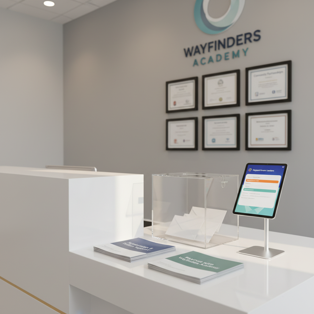 A bright scholarship and donations information corner in a school office, devoid of people, featuring a sleek white reception counter with neatly stacked brochures titled “Scholarships & Tuition Support” and “Partner with Wayfinders Academy.” A transparent acrylic donation box containing a few visible envelopes sits beside a tablet on a slim stand displaying a clean, colorful donation form. Behind the counter, a soft gray wall hosts framed certificates of community partnerships and a large, modern logo of Wayfinders Academy in muted blues and greens. Warm, indirect lighting from recessed fixtures above creates a welcoming glow and subtle reflections on the acrylic surfaces. Photographed at a three-quarter angle with photographic realism and moderate depth of field, the mood is trustworthy, professional, and warmly inviting to families and supporters.