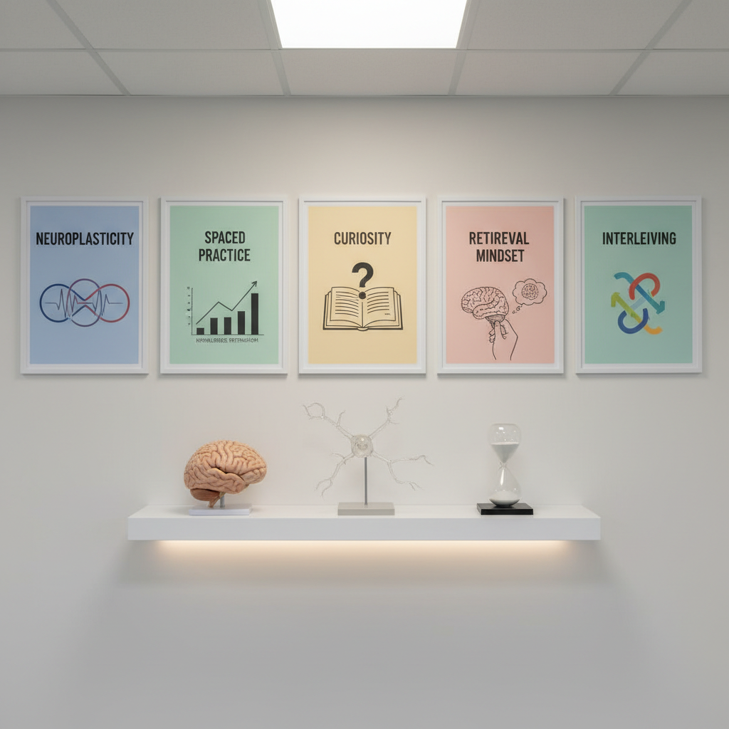 A dedicated “science of learning” wall installation in a quiet school corridor, with no people in sight. Framed, minimalist posters explain concepts like neuroplasticity, spaced practice, and curiosity using simple diagrams and bold, readable typography on soft pastel backgrounds. A slim white shelf below holds models of a brain, neuron structures, and a clear hourglass filled with fine sand, all arranged with museum-like precision. Indirect ceiling lighting and subtle LED strip lights beneath the shelf create gentle, even illumination without harsh glare, casting soft shadows that add depth. Captured straight-on with photographic realism and sharp focus, the composition feels like an educational gallery. The atmosphere is thoughtful, evidence-based, and aspirational, supporting a professional, research-informed approach to K–8 education.