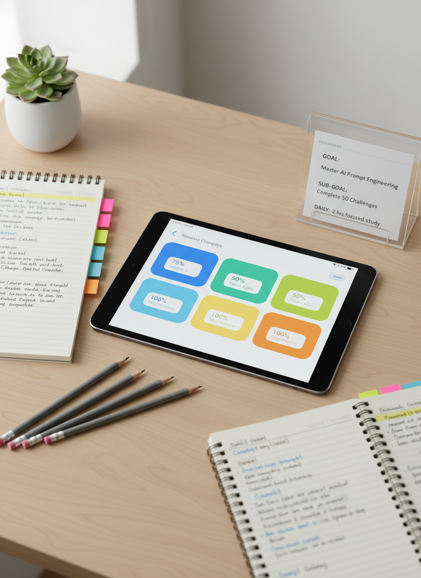 A close-up, overhead photographic view of a self-directed learning station on a light maple desk, with no people present. A tablet rests in the center displaying a simple, colorful progress dashboard, surrounded by open spiral notebooks filled with neatly handwritten notes, color-coded sticky tabs, sharpened pencils, and a clear acrylic stand holding printed goal cards. Soft diffused daylight from a nearby window creates even lighting with minimal shadows, enhancing legibility and focus. A small potted plant in a matte white ceramic pot adds a touch of greenery. The composition uses shallow depth of field, keeping the tablet and goal cards in crisp focus while the edges gently blur. The mood is intentional, organized, and empowering, reflecting evidence-based, student-owned learning in a clean, modern, professional style.