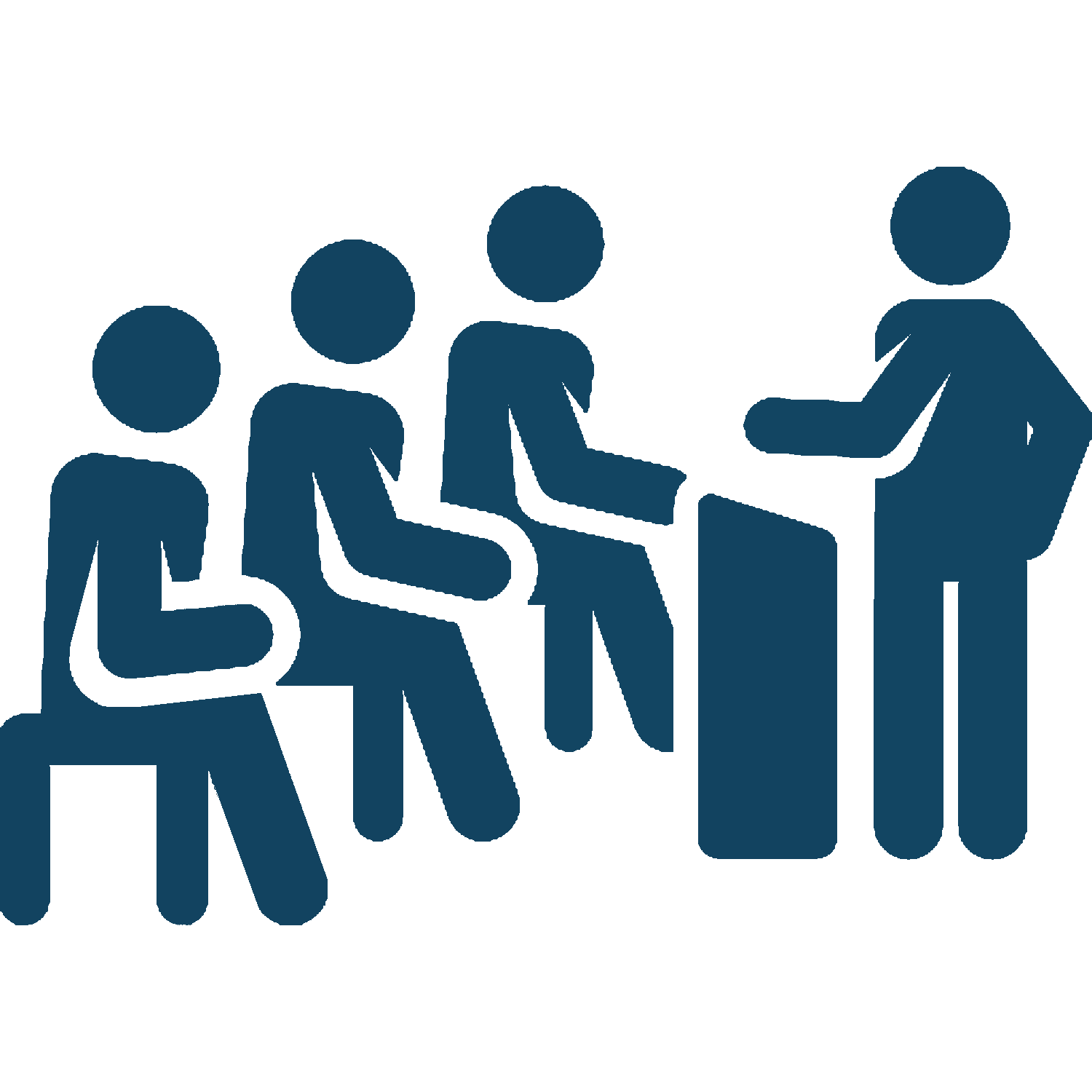 Blue silhouette figures showing diverse group of people sitting and standing together in community meeting or discussion setting