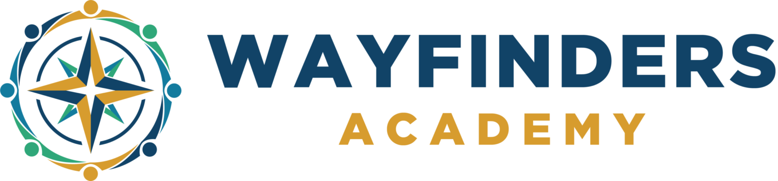 Wayfinders Academy logo featuring a compass star design surrounded by colorful dots with navy blue and orange text