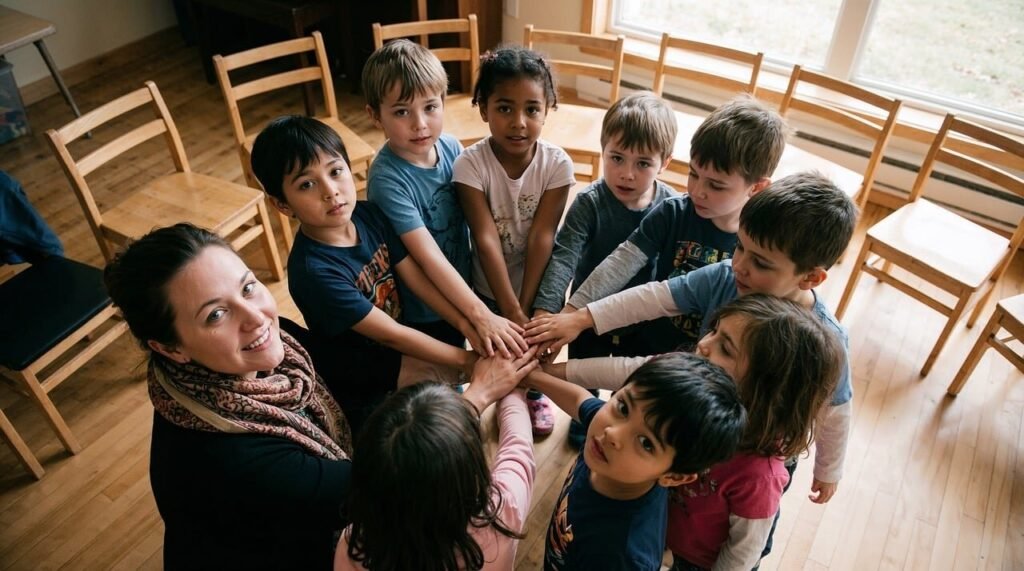 Teacher and diverse group of young children putting their hands together in circle during team building activity in bright classroom