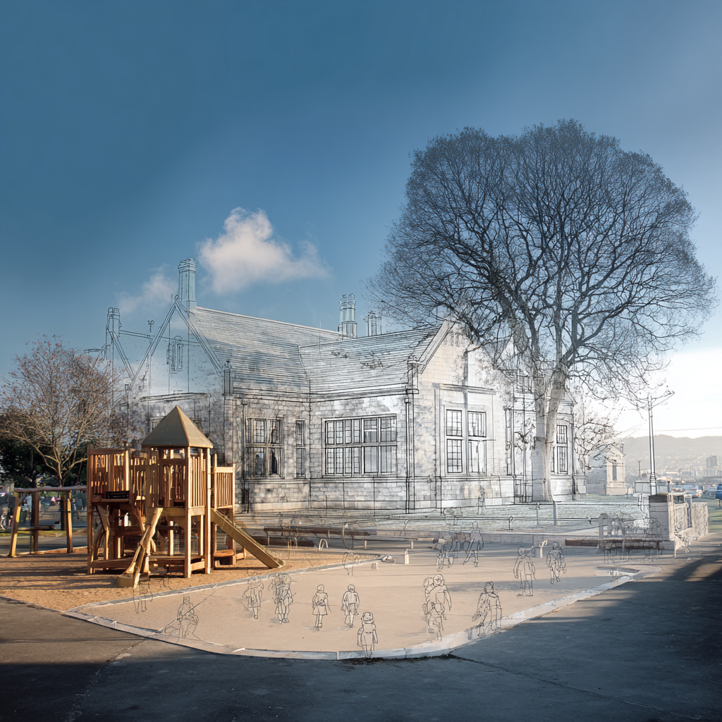 A photographic and illustrated overlay blending a historic stone building with a modern playground structure.